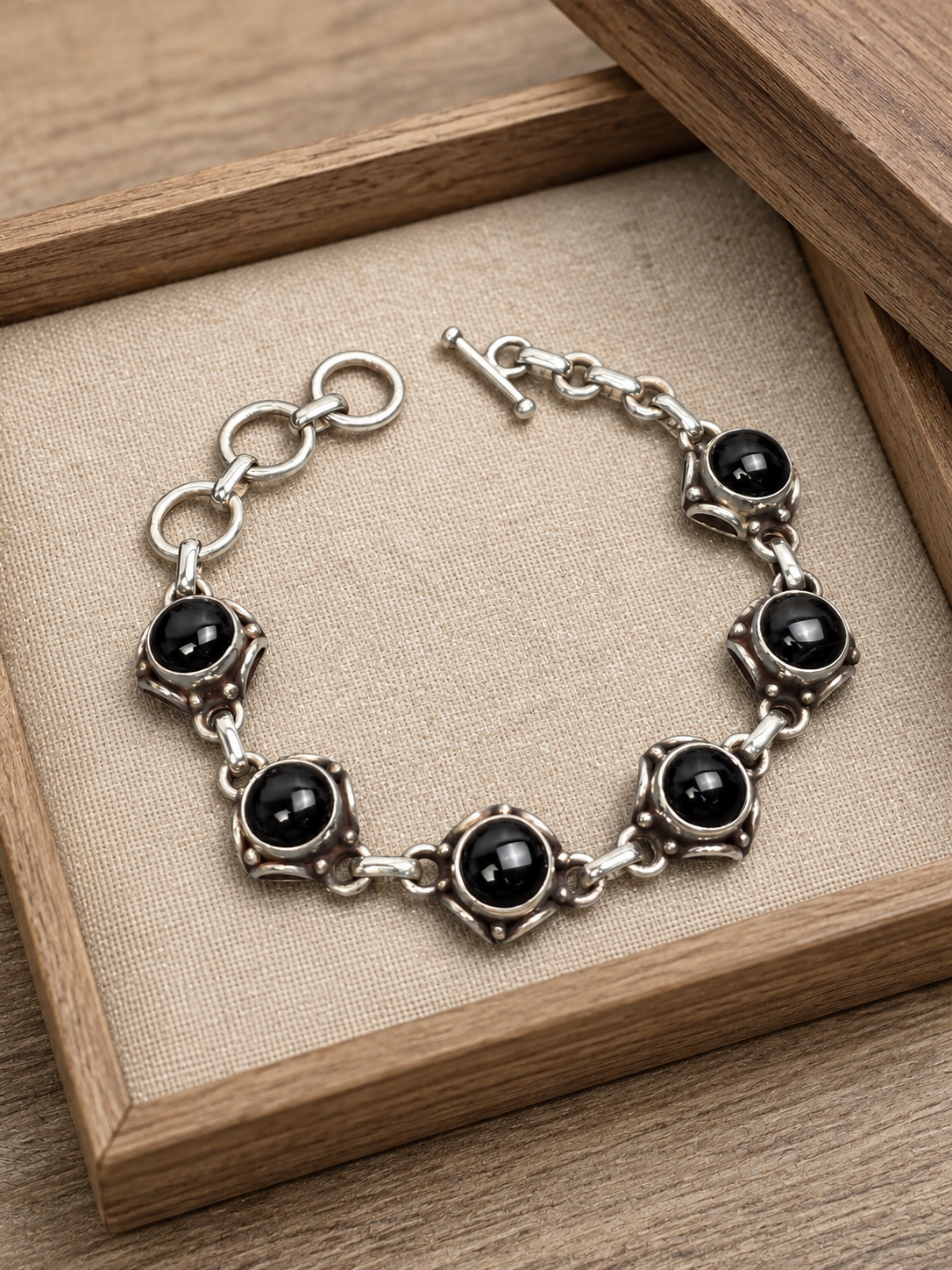Black Onyx Sterling Silver Bracelet – 925 Silver Gemstone Link Bracelet