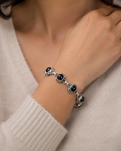 Black Onyx Sterling Silver Bracelet – 925 Silver Gemstone Link Bracelet
