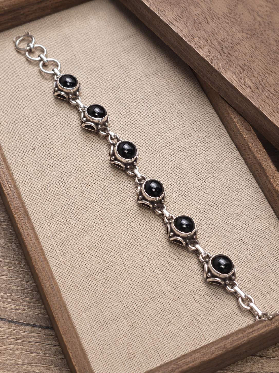 Black Onyx Sterling Silver Bracelet – 925 Silver Gemstone Link Bracelet