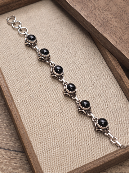Black Onyx Sterling Silver Bracelet – 925 Silver Gemstone Link Bracelet
