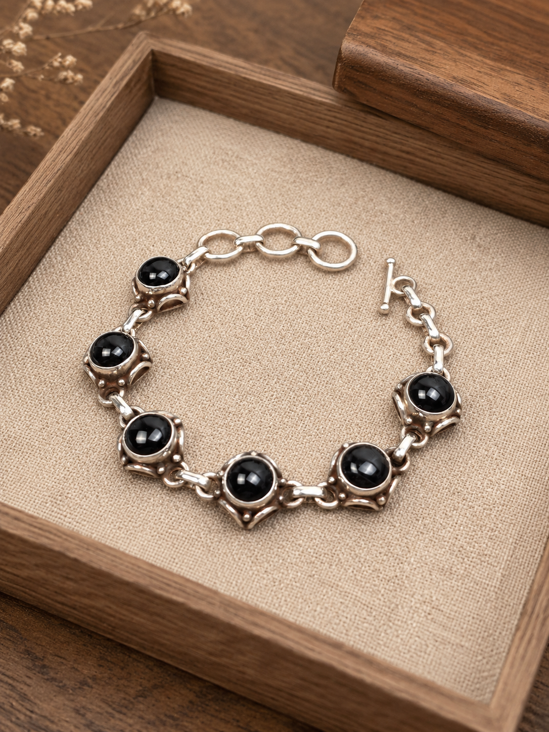 Black Onyx Sterling Silver Bracelet – 925 Silver Gemstone Link Bracelet
