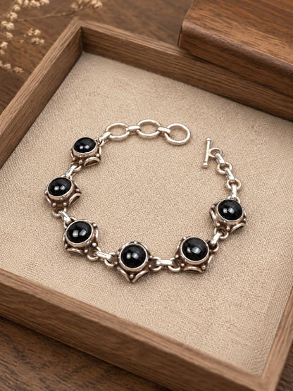 Black Onyx Sterling Silver Bracelet – 925 Silver Gemstone Link Bracelet