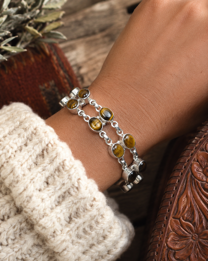 Tiger Eye 2 Strand Sterling Silver Bracelet | Handmade 925 Silver Gemstone Bracelet