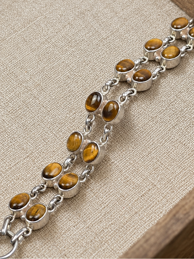Tiger Eye 2 Strand Sterling Silver Bracelet | Handmade 925 Silver Gemstone Bracelet