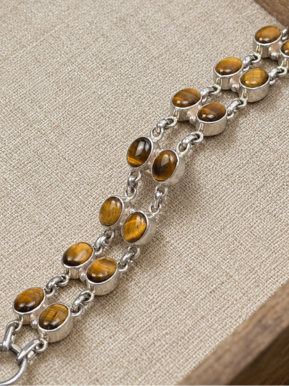 Tiger Eye 2 Strand Sterling Silver Bracelet | Handmade 925 Silver Gemstone Bracelet