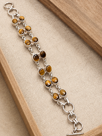 Tiger Eye 2 Strand Sterling Silver Bracelet | Handmade 925 Silver Gemstone Bracelet