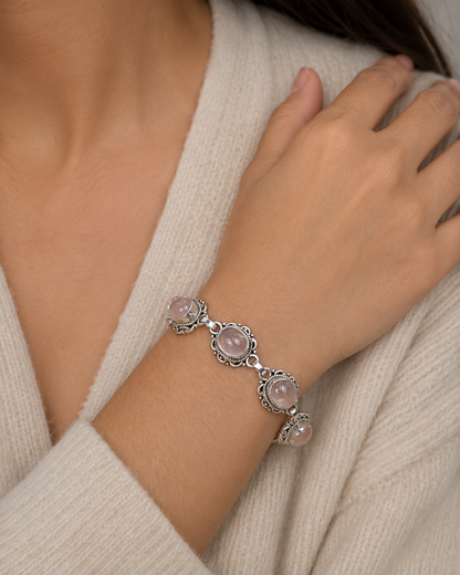 Sterling Silver Rose Quartz Link Bracelet – Vintage Style Floral Statement Jewelry