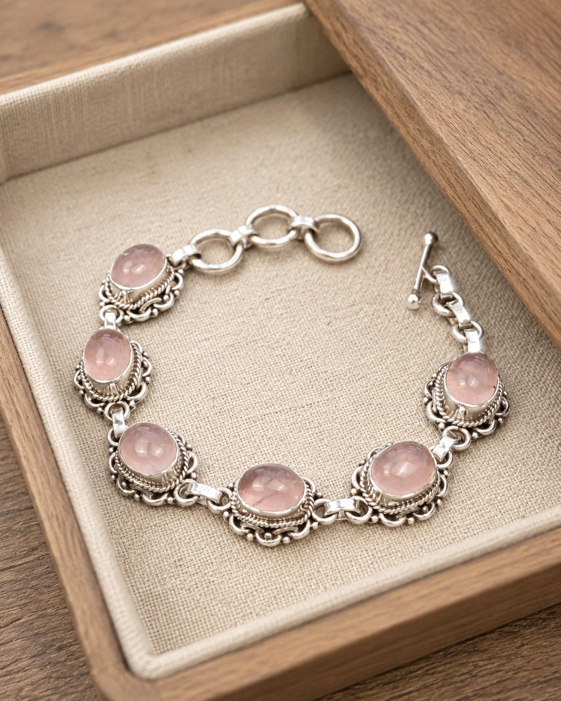 Sterling Silver Rose Quartz Link Bracelet – Vintage Style Floral Statement Jewelry