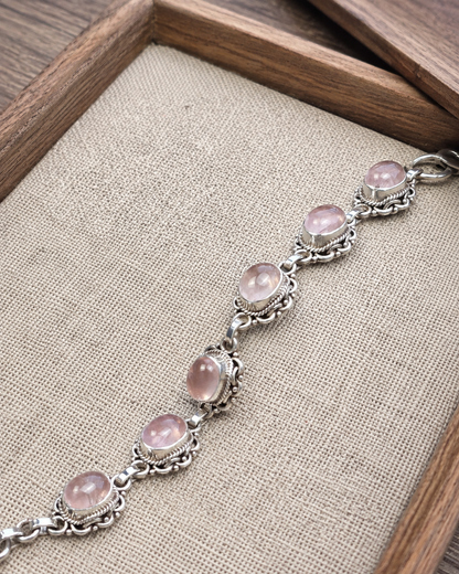 Sterling Silver Rose Quartz Link Bracelet – Vintage Style Floral Statement Jewelry