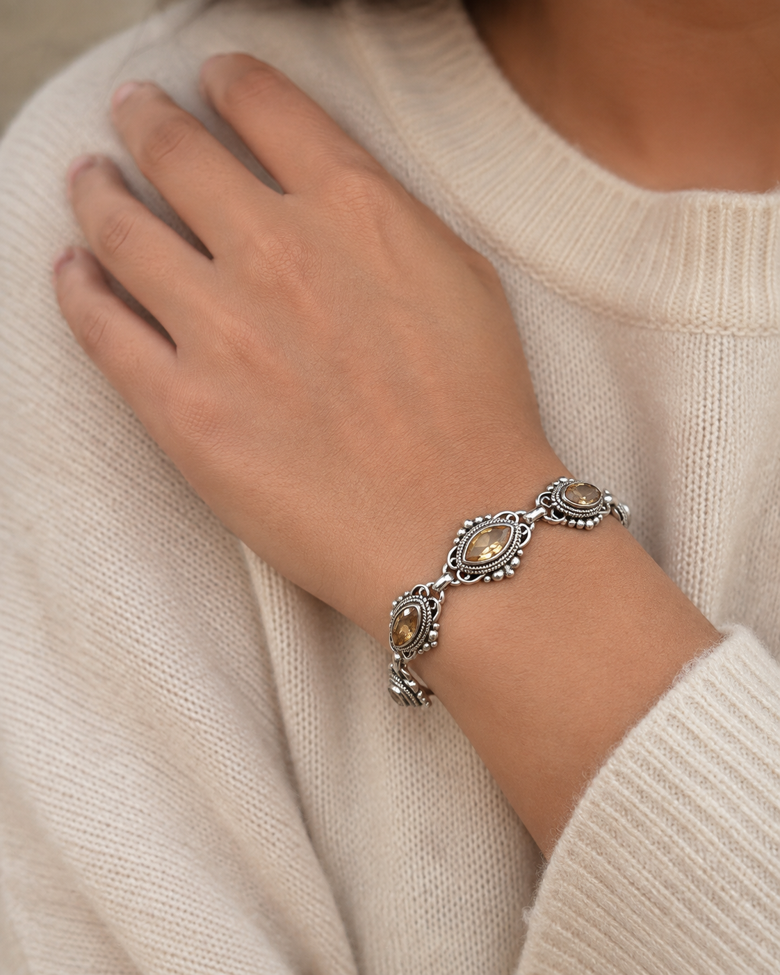 Solid Sterling Silver Citrine Marquise Gemstone Bracelet
