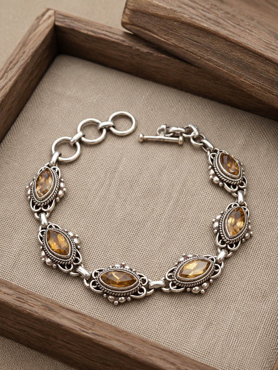 Solid Sterling Silver Citrine Marquise Gemstone Bracelet