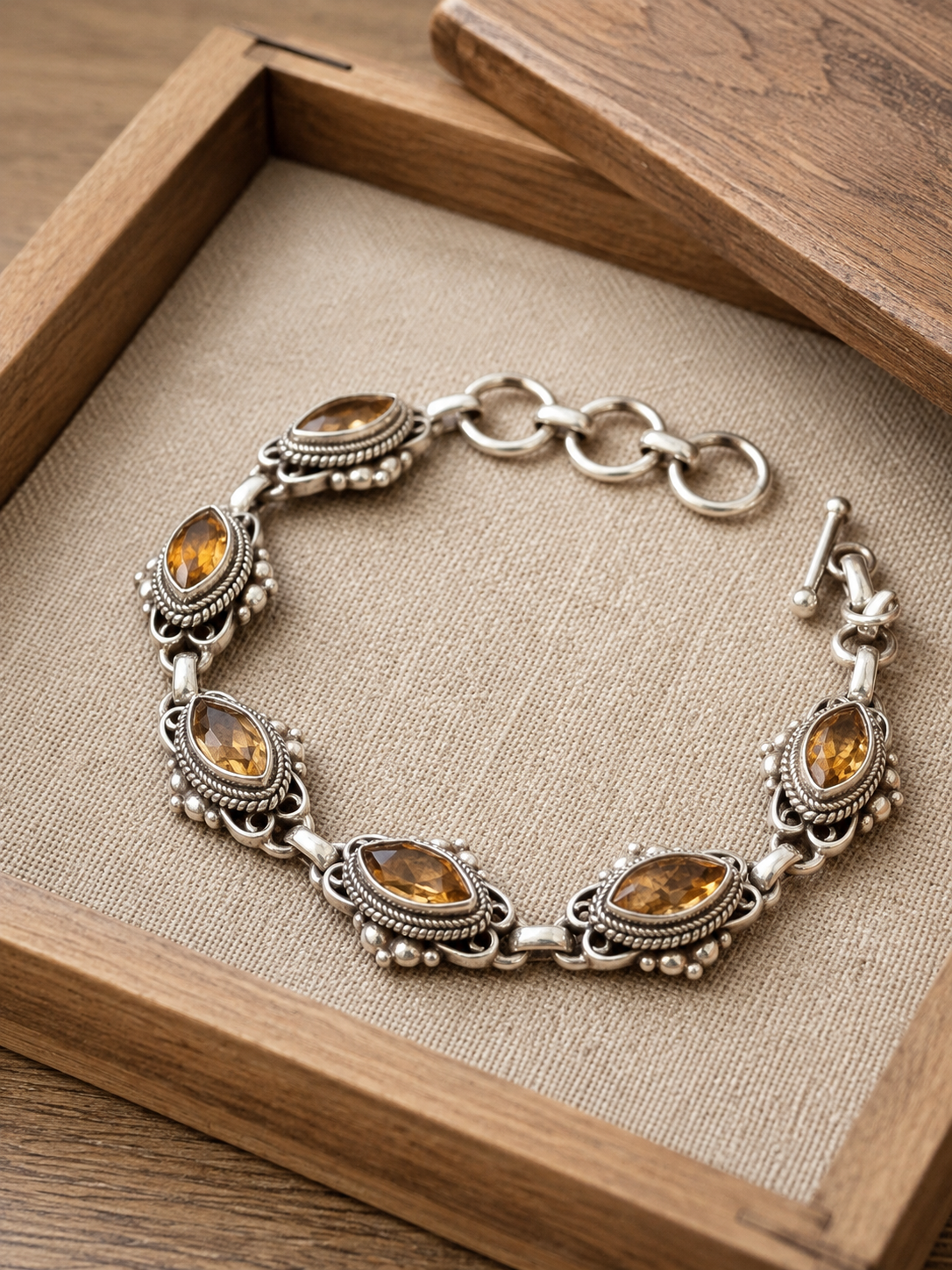 Solid Sterling Silver Citrine Marquise Gemstone Bracelet