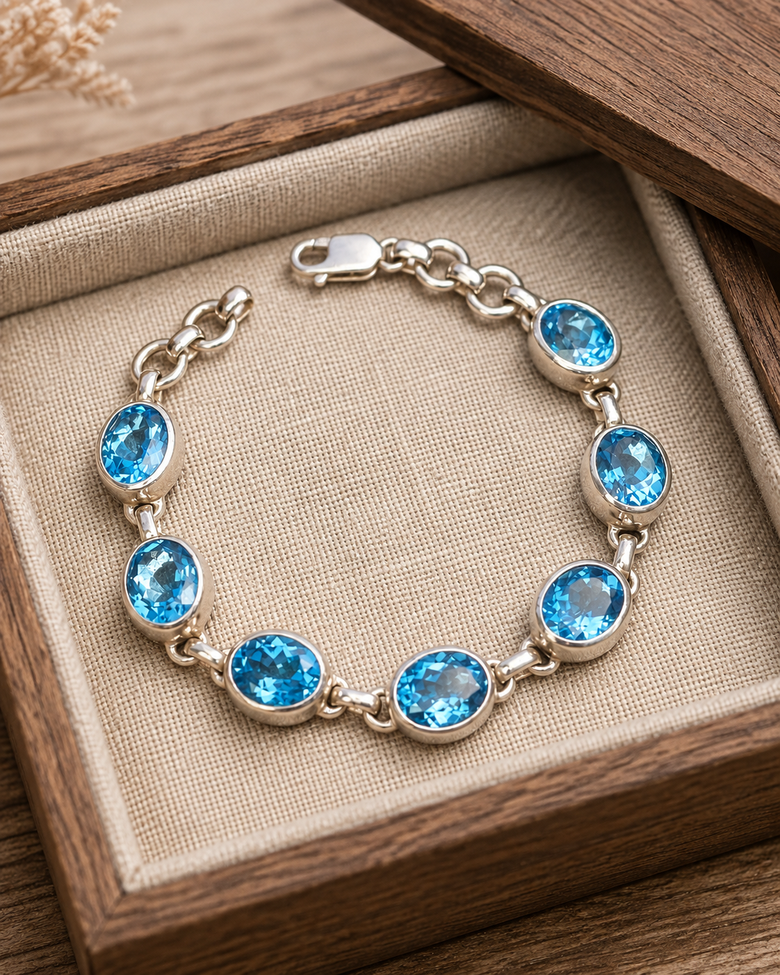 Swiss Blue Topaz Bracelet in Solid Sterling Silver – 5CT Oval Gemstone Link Bracelet