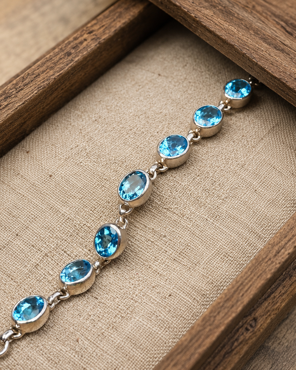 Swiss Blue Topaz Bracelet in Solid Sterling Silver – 5CT Oval Gemstone Link Bracelet
