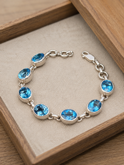 Swiss Blue Topaz Bracelet in Solid Sterling Silver – 5CT Oval Gemstone Link Bracelet