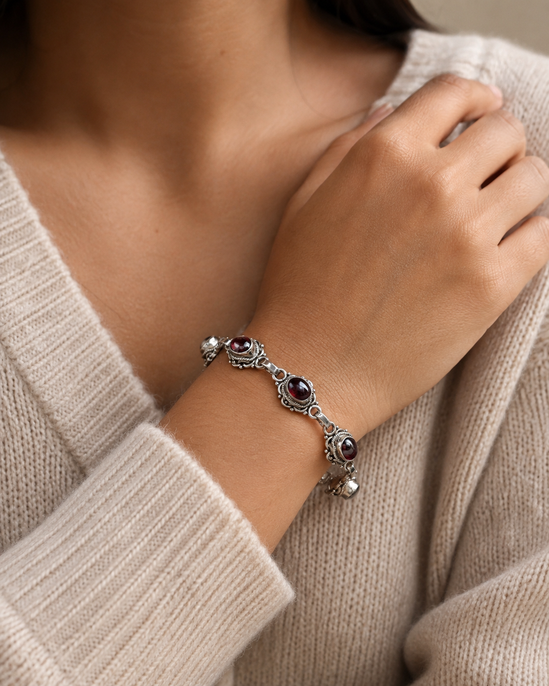 Garnet Sterling Silver Bracelet – Handmade 925 Silver Gemstone Link Bracelet