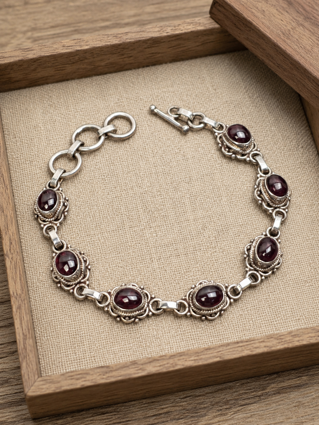 Garnet Sterling Silver Bracelet – Handmade 925 Silver Gemstone Link Bracelet