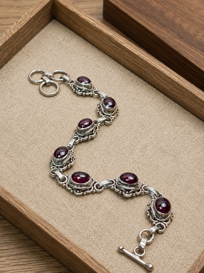 Garnet Sterling Silver Bracelet – Handmade 925 Silver Gemstone Link Bracelet