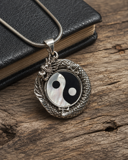 Sterling Silver Dragon Yin Yang Pendant with Mother of Pearl & Black Onyx