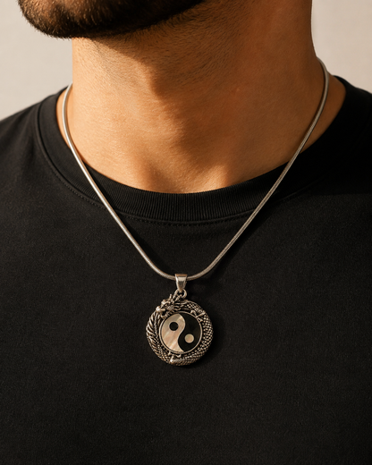 Sterling Silver Dragon Yin Yang Pendant with Mother of Pearl & Black Onyx