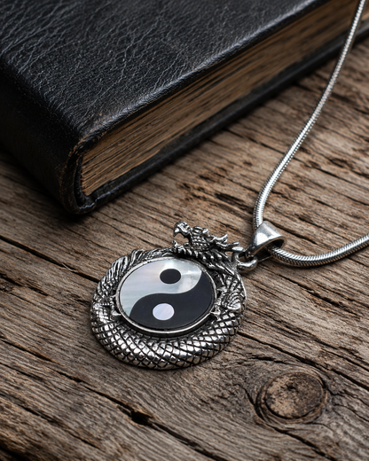 Sterling Silver Dragon Yin Yang Pendant with Mother of Pearl & Black Onyx