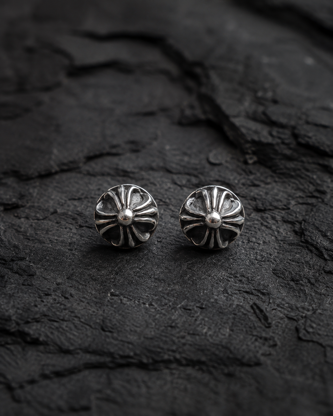 Sterling Silver Floral Cross Stud Earrings – Oxidized Flower Studs