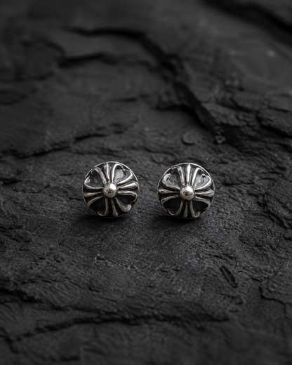 Sterling Silver Floral Cross Stud Earrings – Oxidized Flower Studs