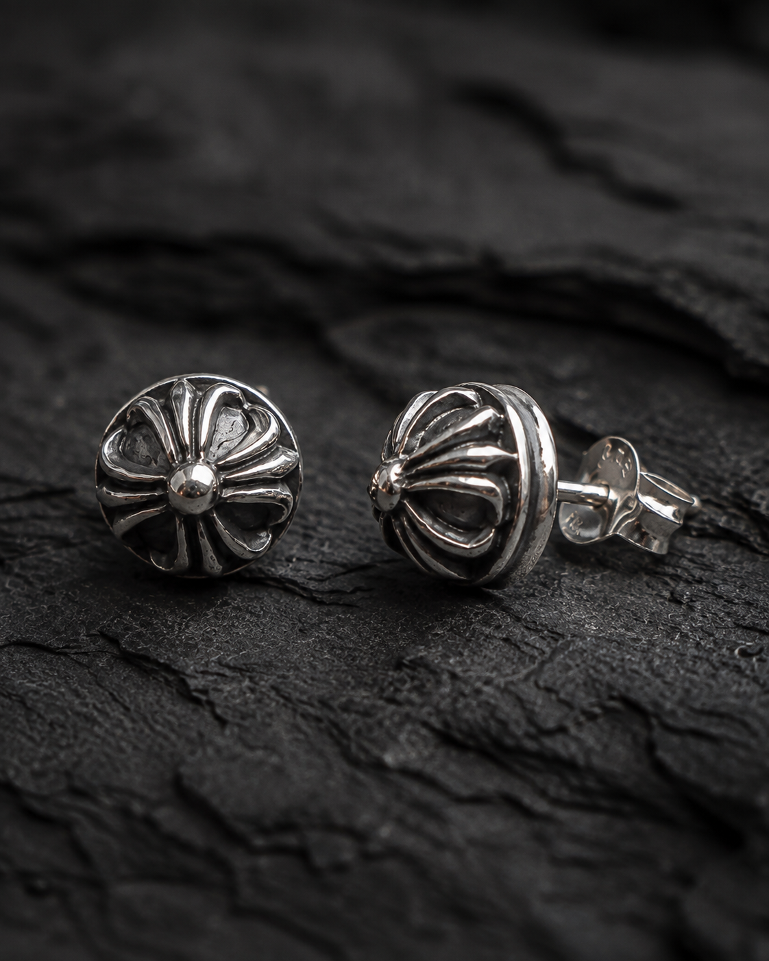 Sterling Silver Floral Cross Stud Earrings – Oxidized Flower Studs