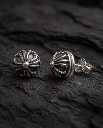 Sterling Silver Floral Cross Stud Earrings – Oxidized Flower Studs