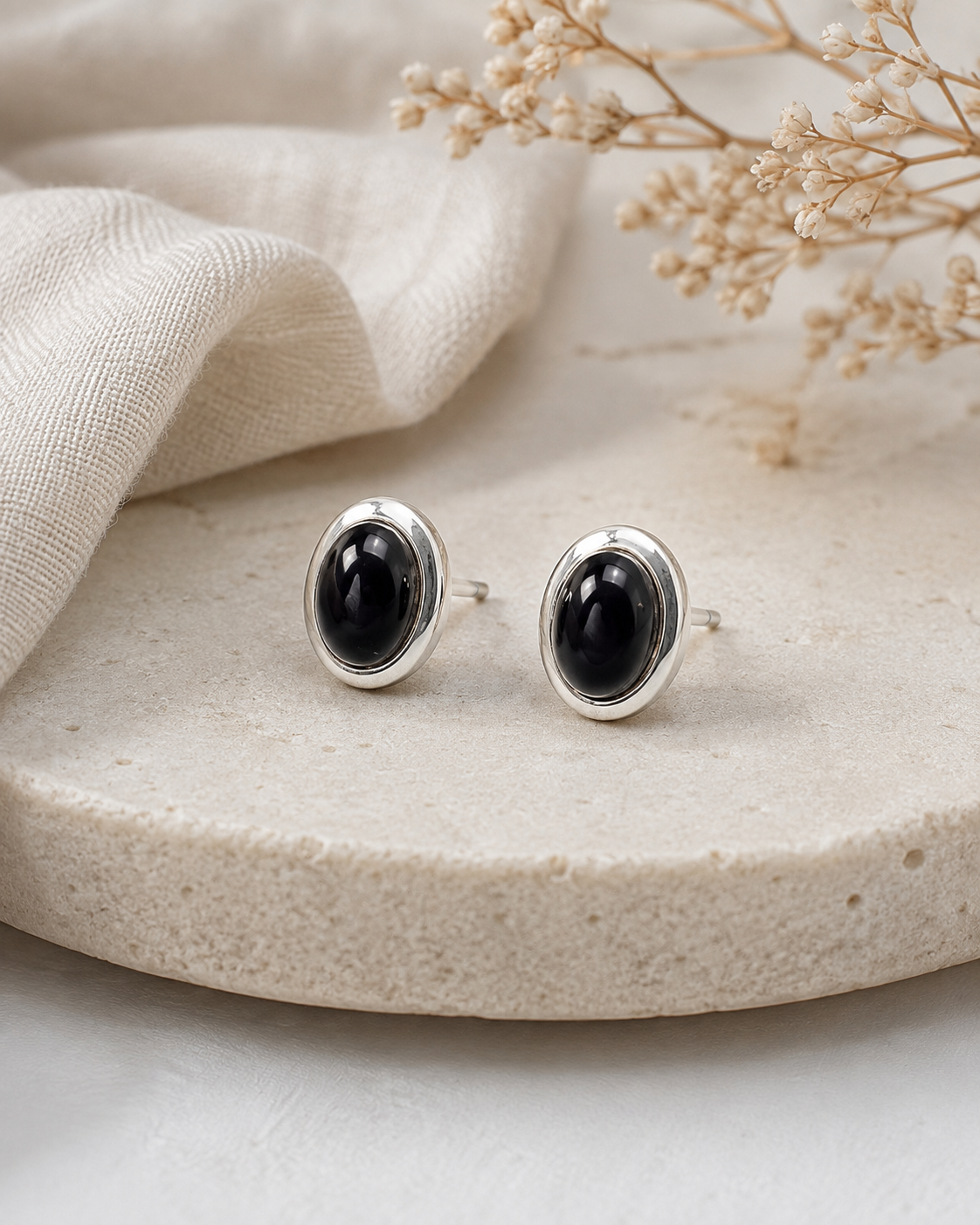 Black Onyx Stud Earrings in Sterling Silver – Oval Gemstone Earrings