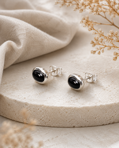 Black Onyx Stud Earrings in Sterling Silver – Oval Gemstone Earrings