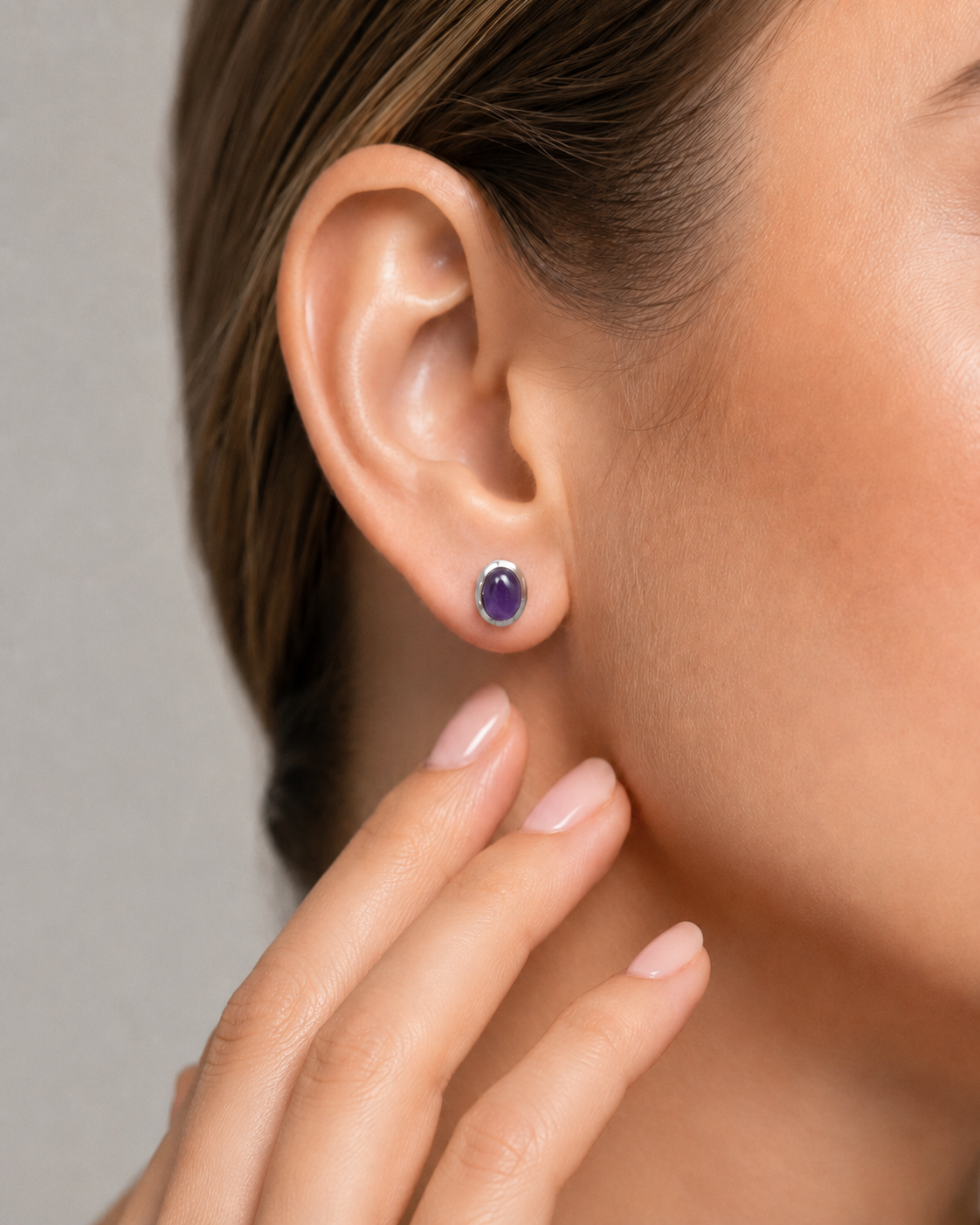 Sterling Silver Amethyst Stud Earrings – Oval Cabochon Purple Gemstone Earrings
