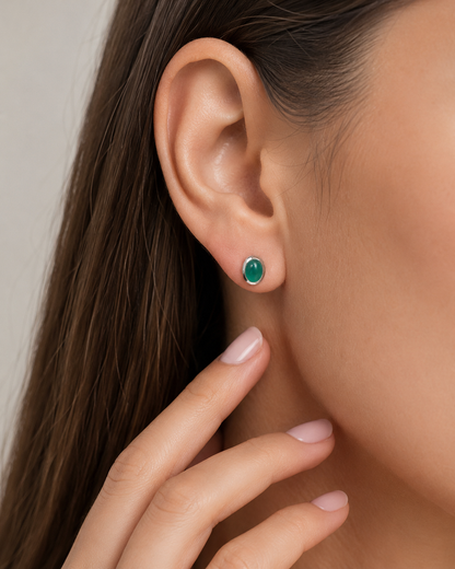 Green Onyx Sterling Silver Stud Earrings – Oval Gemstone Earrings, Handmade 925 Silver Jewelry