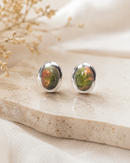 Sterling Silver Unakite Jasper Stud Earrings – Natural Green Pink Gemstone Earrings