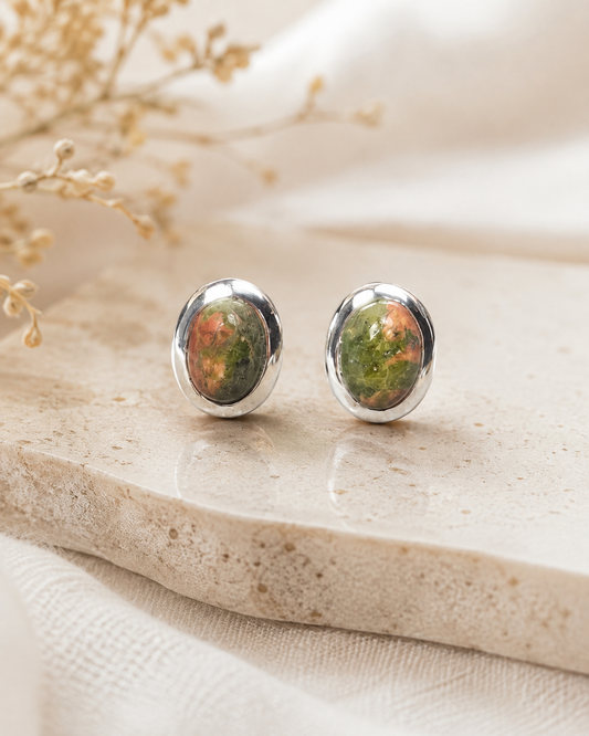 Sterling Silver Unakite Jasper Stud Earrings – Natural Green Pink Gemstone Earrings