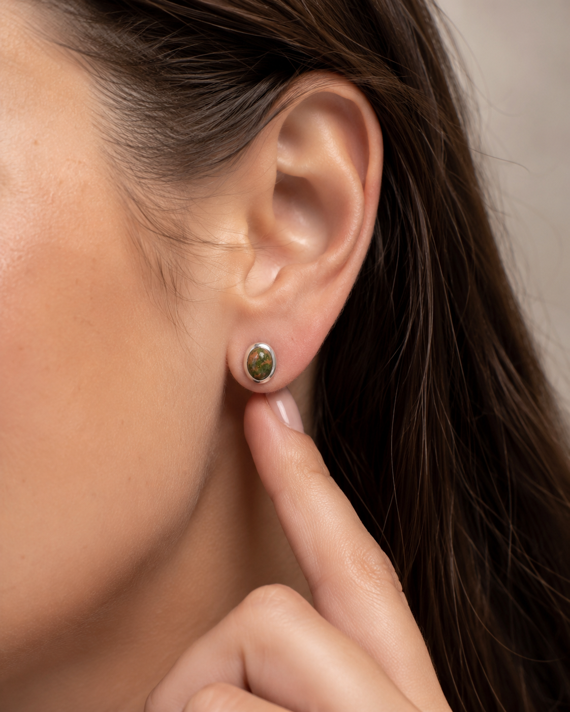 Sterling Silver Unakite Jasper Stud Earrings – Natural Green Pink Gemstone Earrings