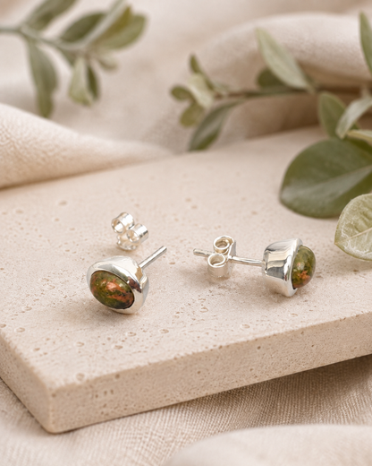 Sterling Silver Unakite Jasper Stud Earrings – Natural Green Pink Gemstone Earrings