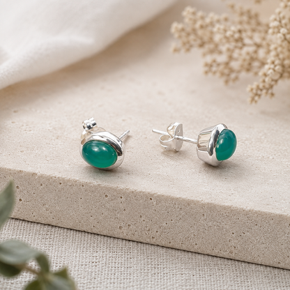 Green Onyx Sterling Silver Stud Earrings – Oval Gemstone Earrings, Handmade 925 Silver Jewelry