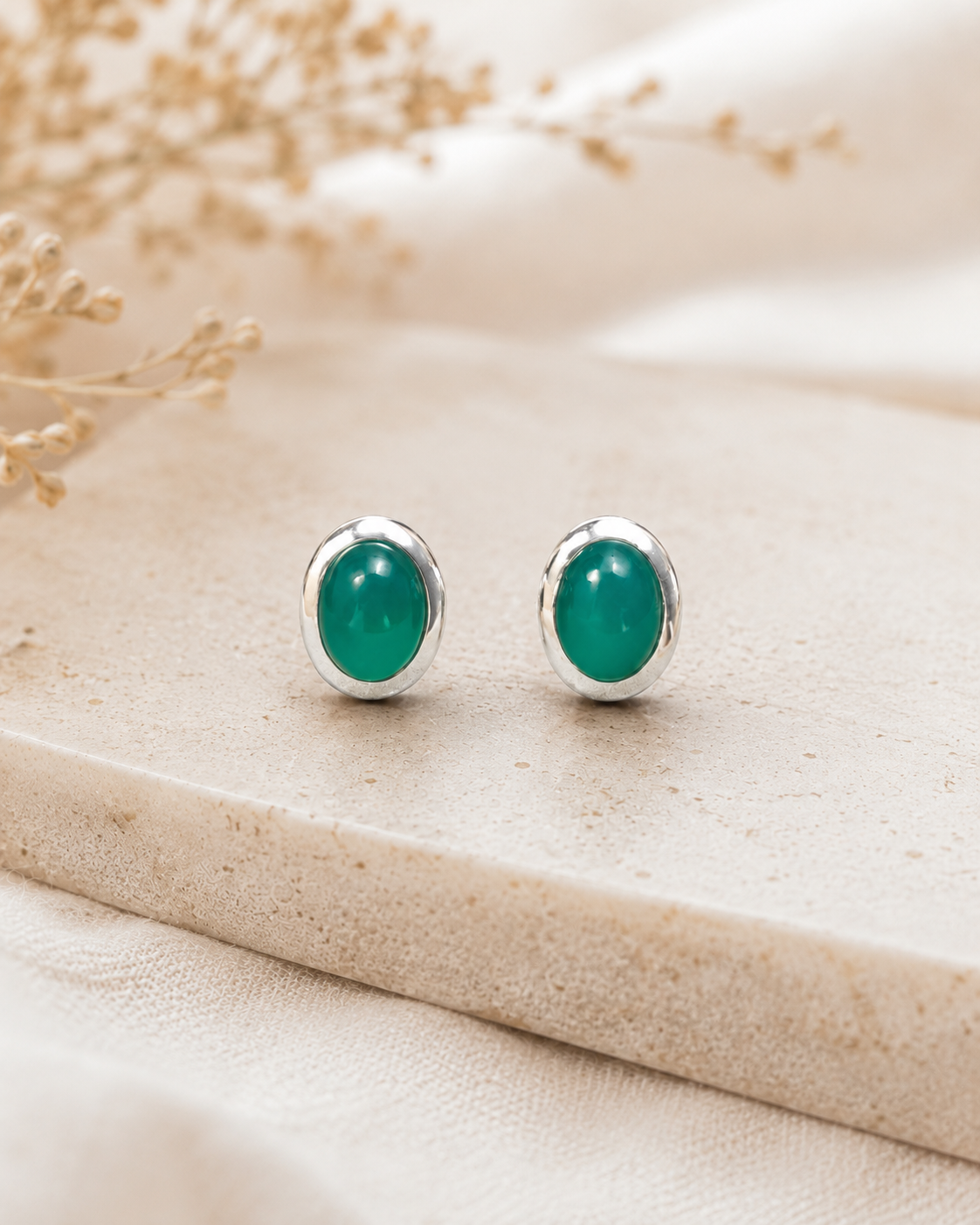 Green Onyx Sterling Silver Stud Earrings – Oval Gemstone Earrings, Handmade 925 Silver Jewelry