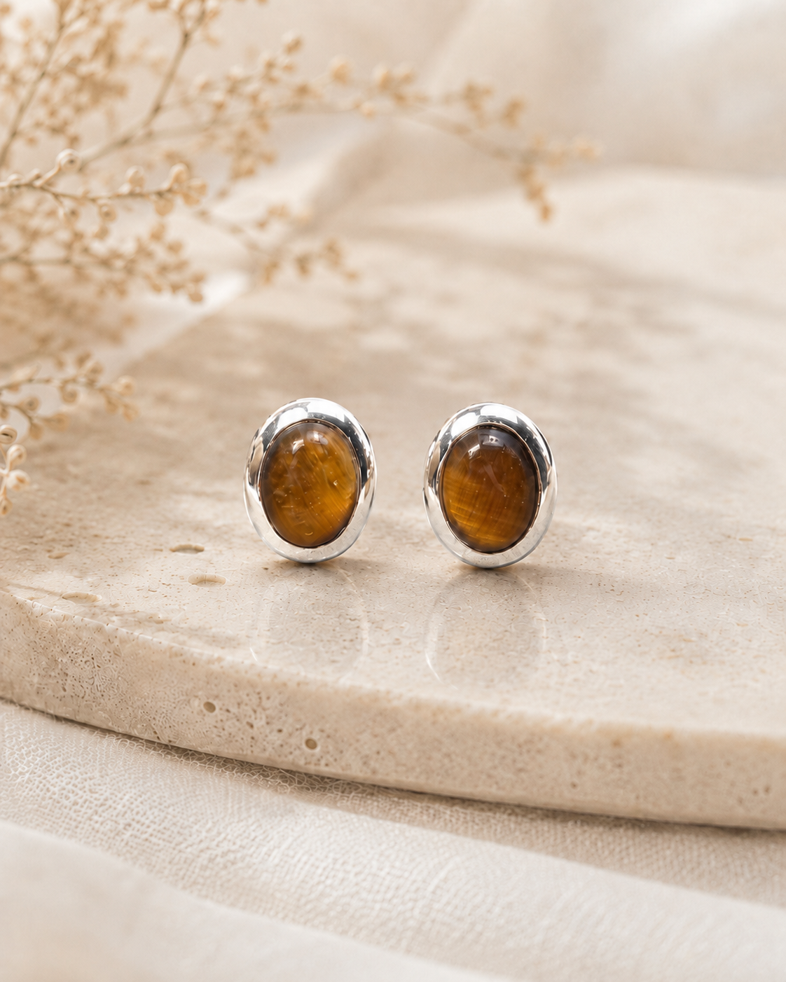 Tiger’s Eye Sterling Silver Stud Earrings – Oval Gemstone Earrings