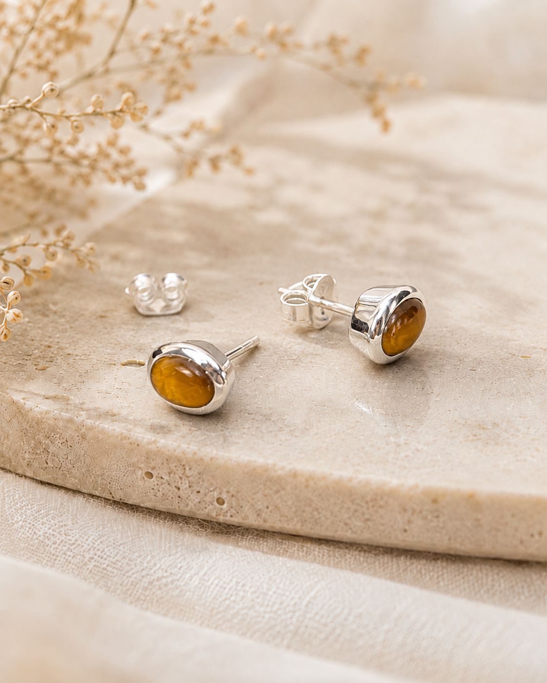 Tiger’s Eye Sterling Silver Stud Earrings – Oval Gemstone Earrings