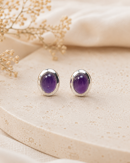 Sterling Silver Amethyst Stud Earrings – Oval Cabochon Purple Gemstone Earrings
