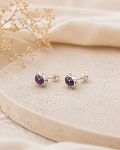 Sterling Silver Amethyst Stud Earrings – Oval Cabochon Purple Gemstone Earrings