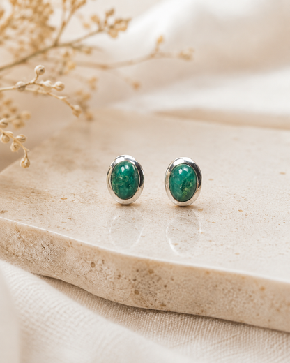 Sterling Silver Emerald Stud Earrings – Oval Green Gemstone Earrings
