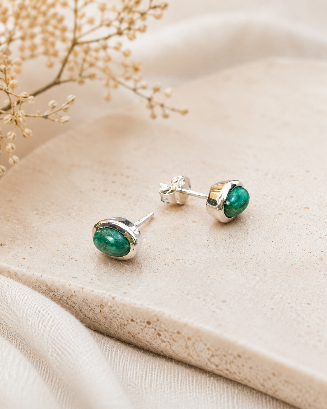 Sterling Silver Emerald Stud Earrings – Oval Green Gemstone Earrings