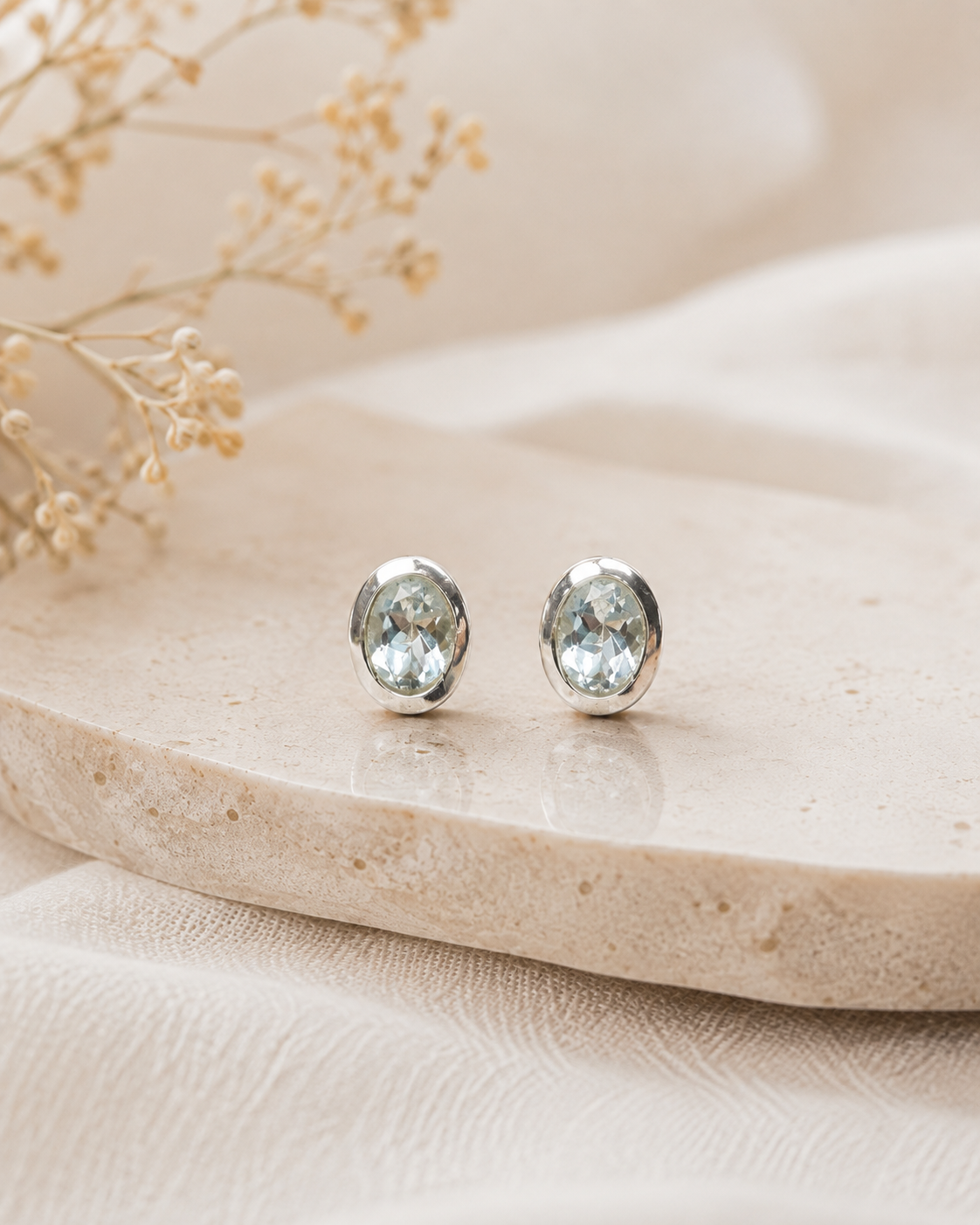 Aquamarine Sterling Silver Stud Earrings – Oval Natural Gemstone Earrings