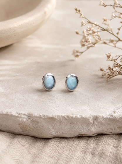 Natural Larimar Stud Earrings in Sterling Silver – Oval Blue Gemstone Earrings