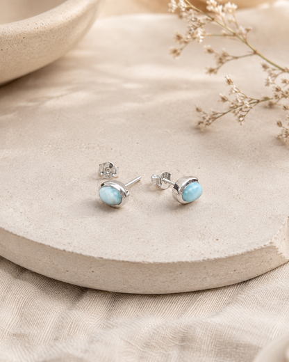 Natural Larimar Stud Earrings in Sterling Silver – Oval Blue Gemstone Earrings