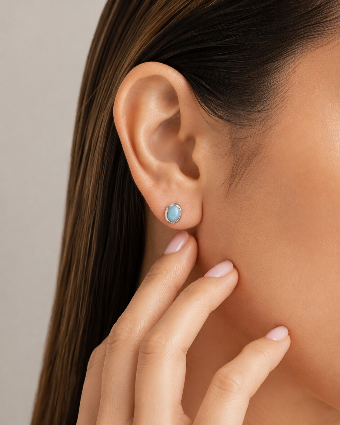 Natural Larimar Stud Earrings in Sterling Silver – Oval Blue Gemstone Earrings