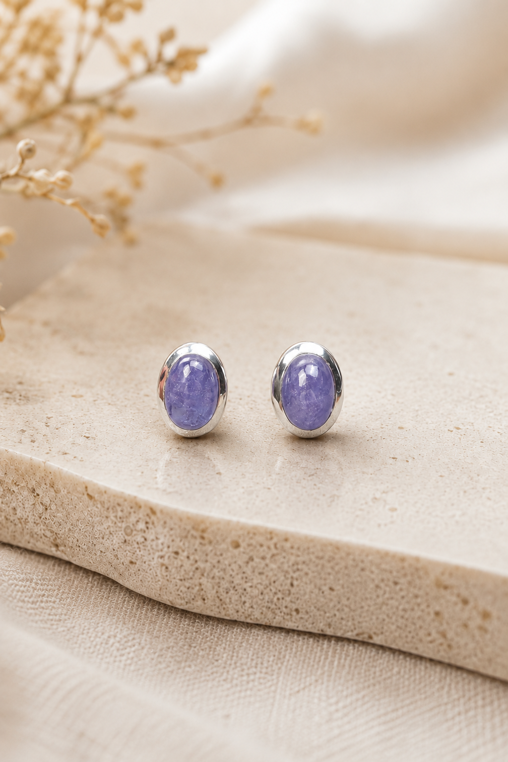 Tanzanite Sterling Silver Stud Earrings – Oval Purple Blue Gemstone Earrings